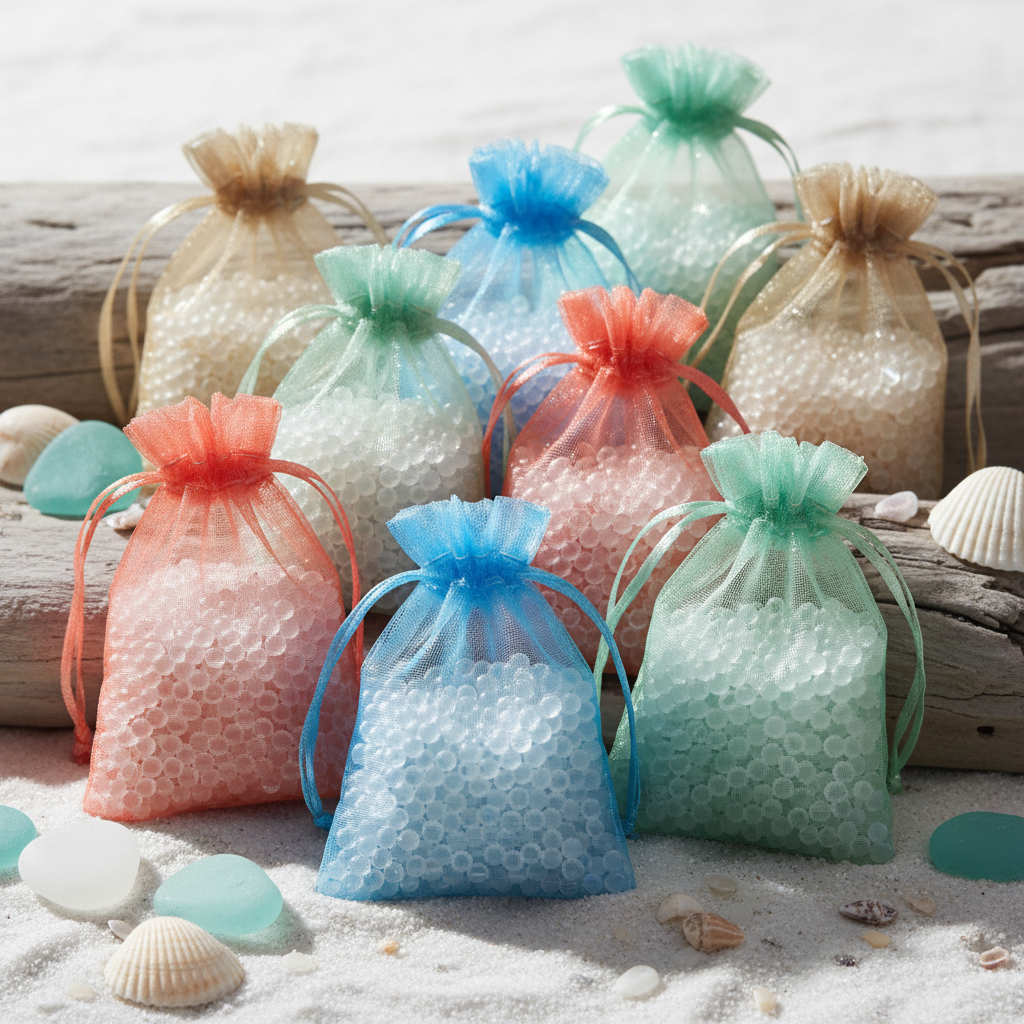Scented bead bags with clear aroma beads on driftwood coastal setting