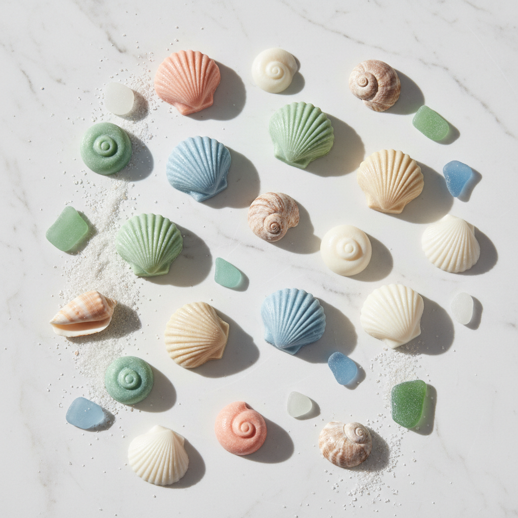 Shell-shaped wax melts in coastal colors on white marble with seashells and sea glass