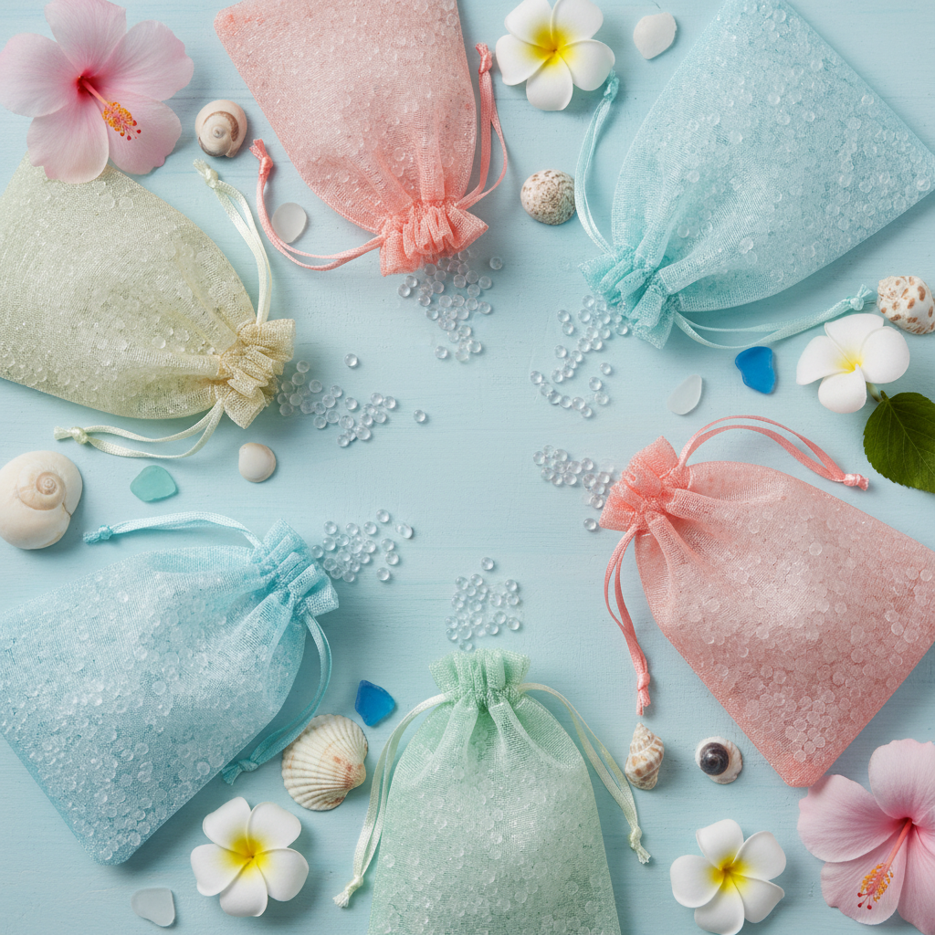 Scented bead bags flat lay coastal style with clear aroma beads