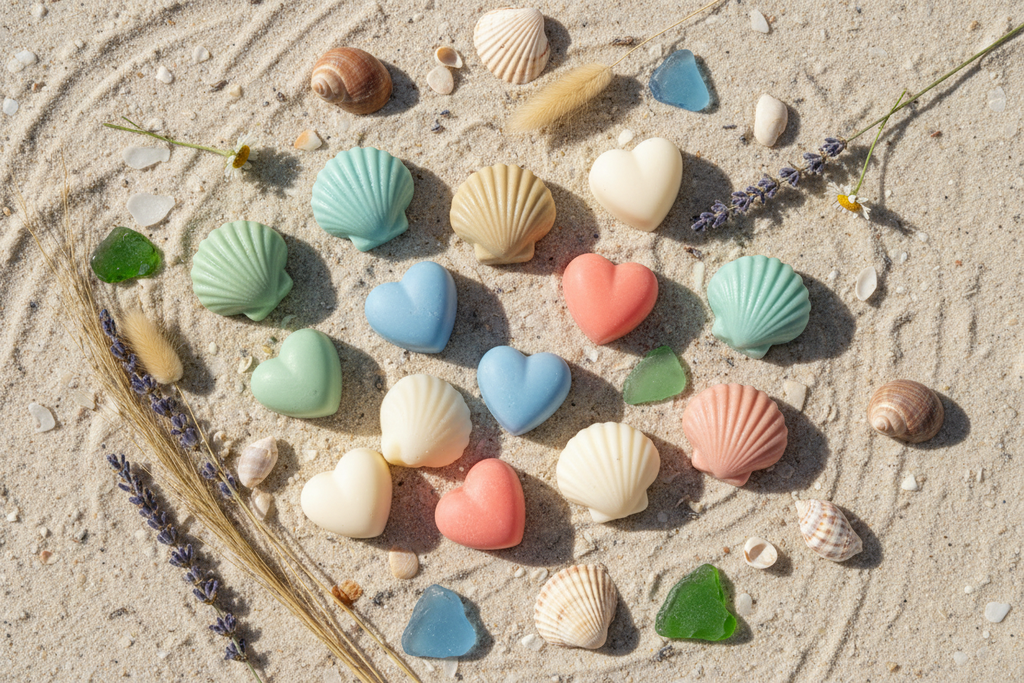 Flat lay of shell and heart shaped wax melts in coastal pastel colors with seashells and dried flowers