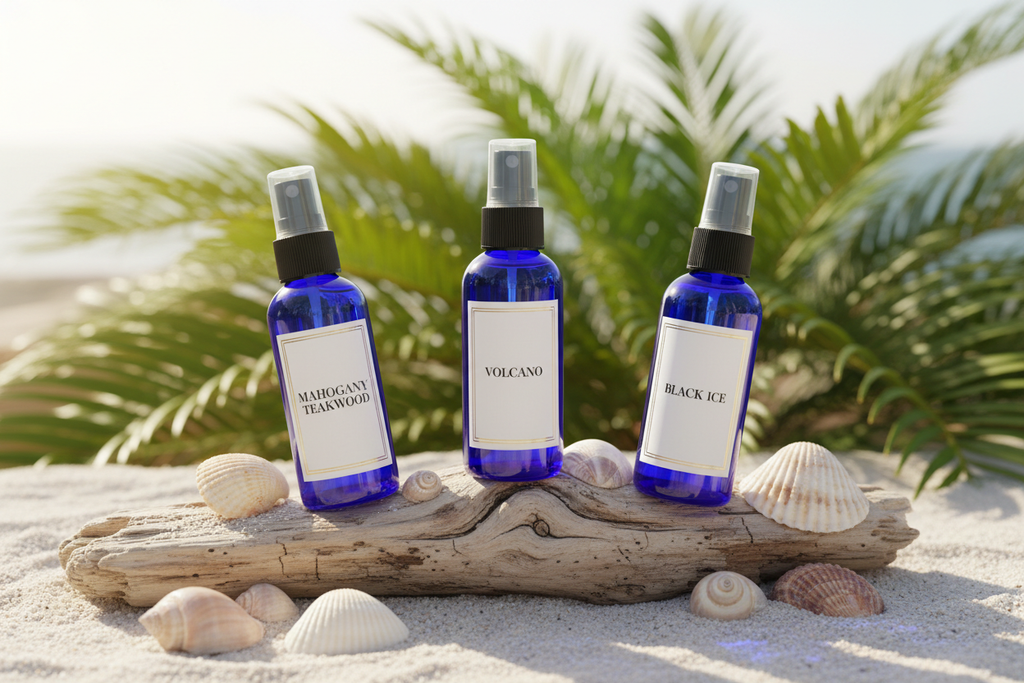Royal blue 2oz room spray bottles with Mahogany Teakwood, Volcano, and Black Ice labels on driftwood coastal setting
