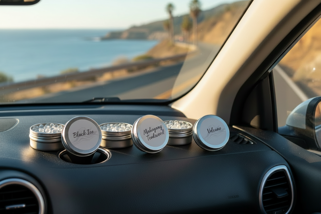 Aluminum tins with Black Ice, Mahogany Teakwood, and Volcano labels in car with coastal road view